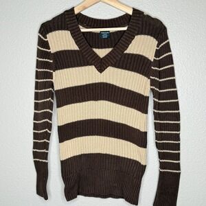 Faded Glory Brown Tan Striped Ribbed V Neck Sweater Y2K Soft Knit Womens L